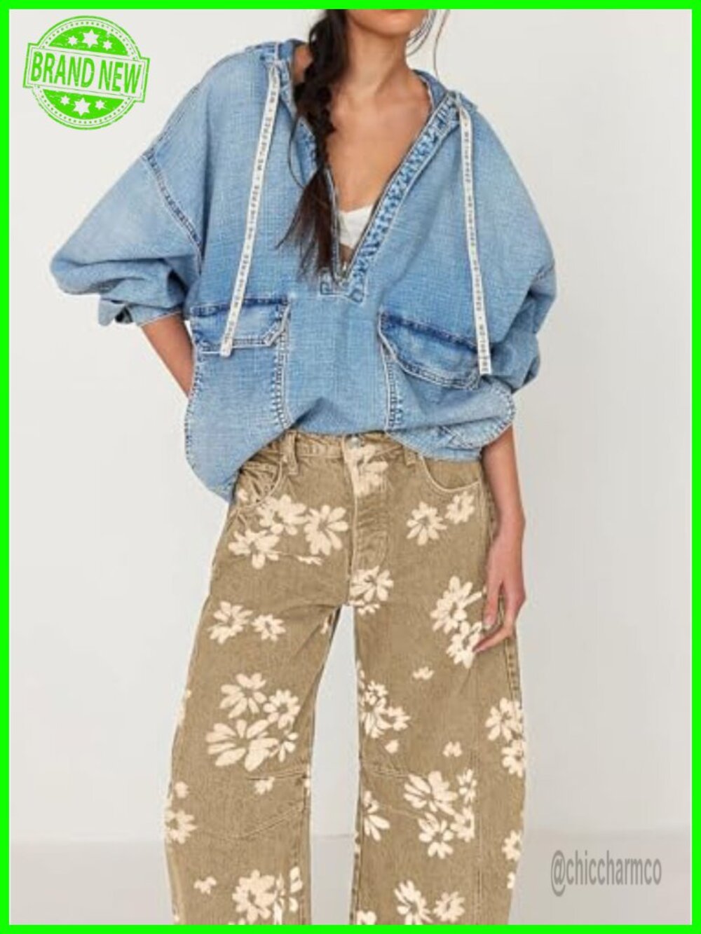 Y2k Distressed Barrel Jeans Floral Printed Patchwork Denim Pants - Picture 2 of 7
